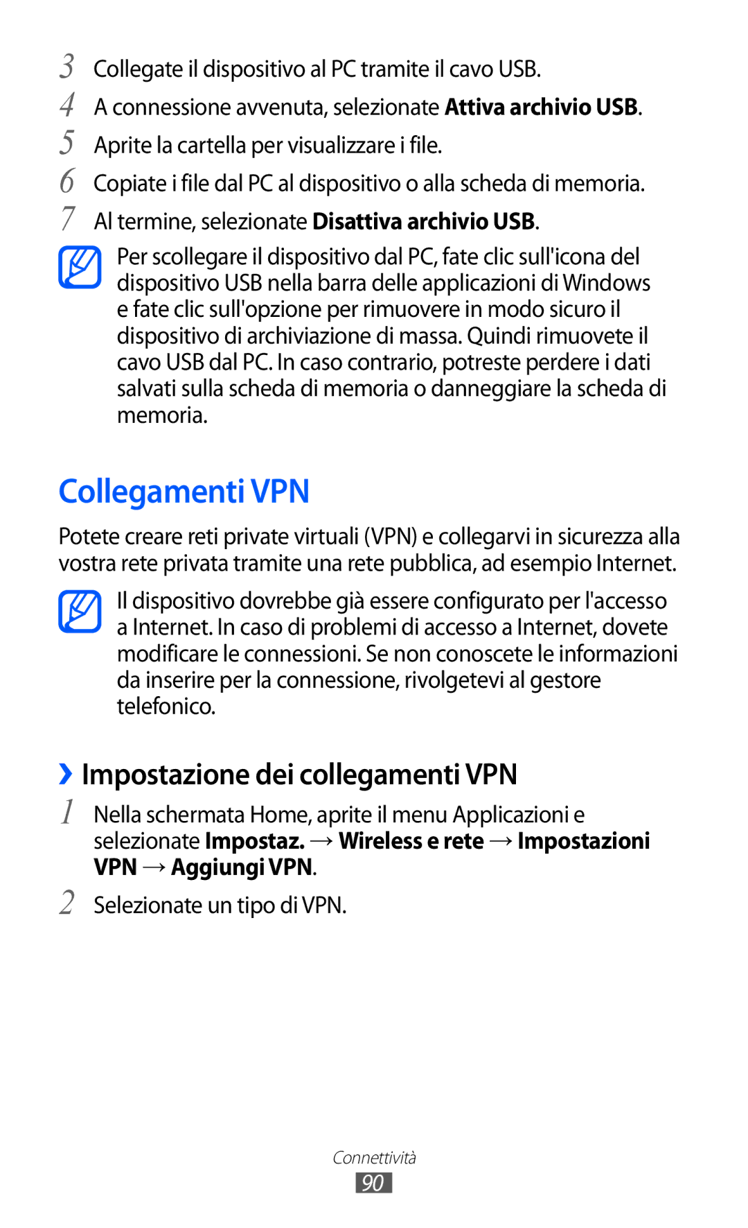 Samsung YP-GI1CW/XET, YP-G1CW/XEG, YP-GI1CW/XEG, YP-GI1CW/XEU manual Collegamenti VPN, ››Impostazione dei collegamenti VPN 