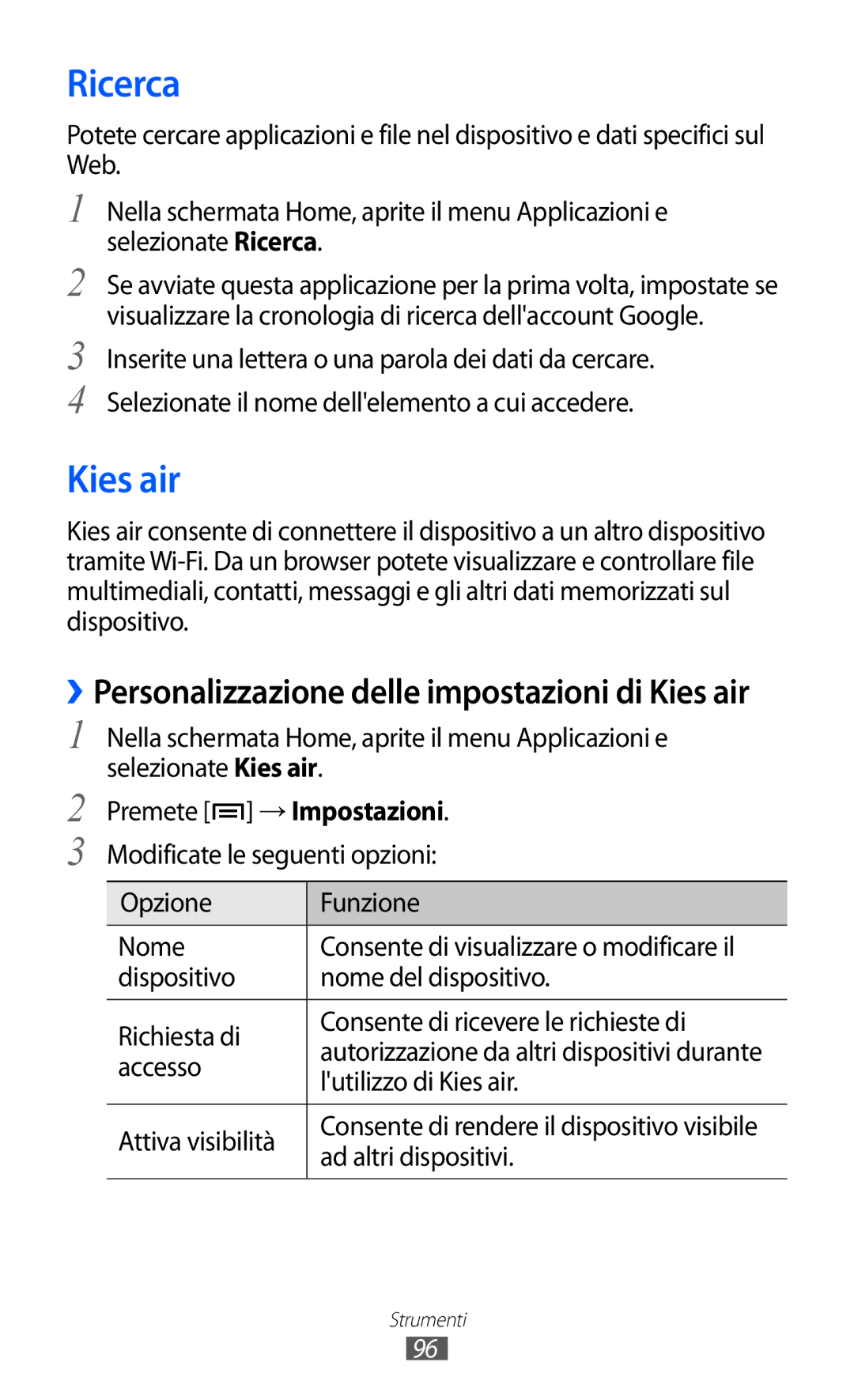 Samsung YP-G1CW/XEG, YP-GI1CW/XEG, YP-GI1CW/XET, YP-GI1CW/XEU manual Ricerca, Kies air 