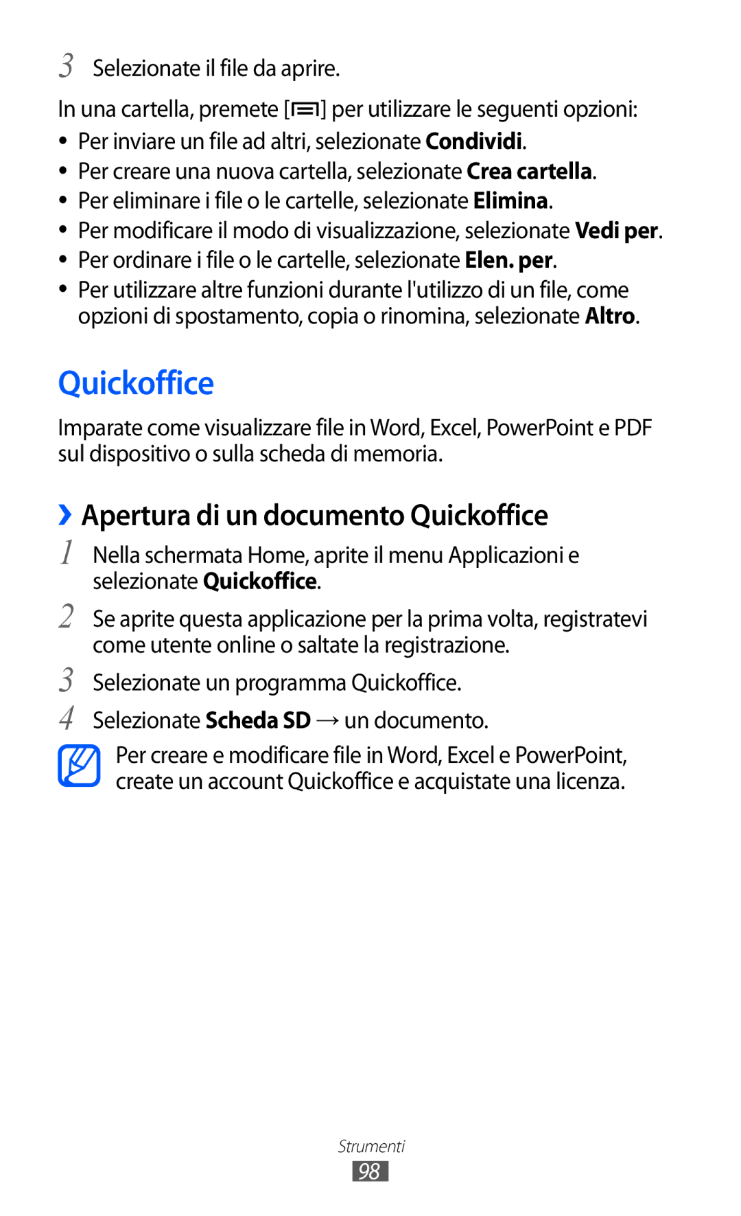 Samsung YP-GI1CW/XET, YP-G1CW/XEG, YP-GI1CW/XEG, YP-GI1CW/XEU manual ››Apertura di un documento Quickoffice 