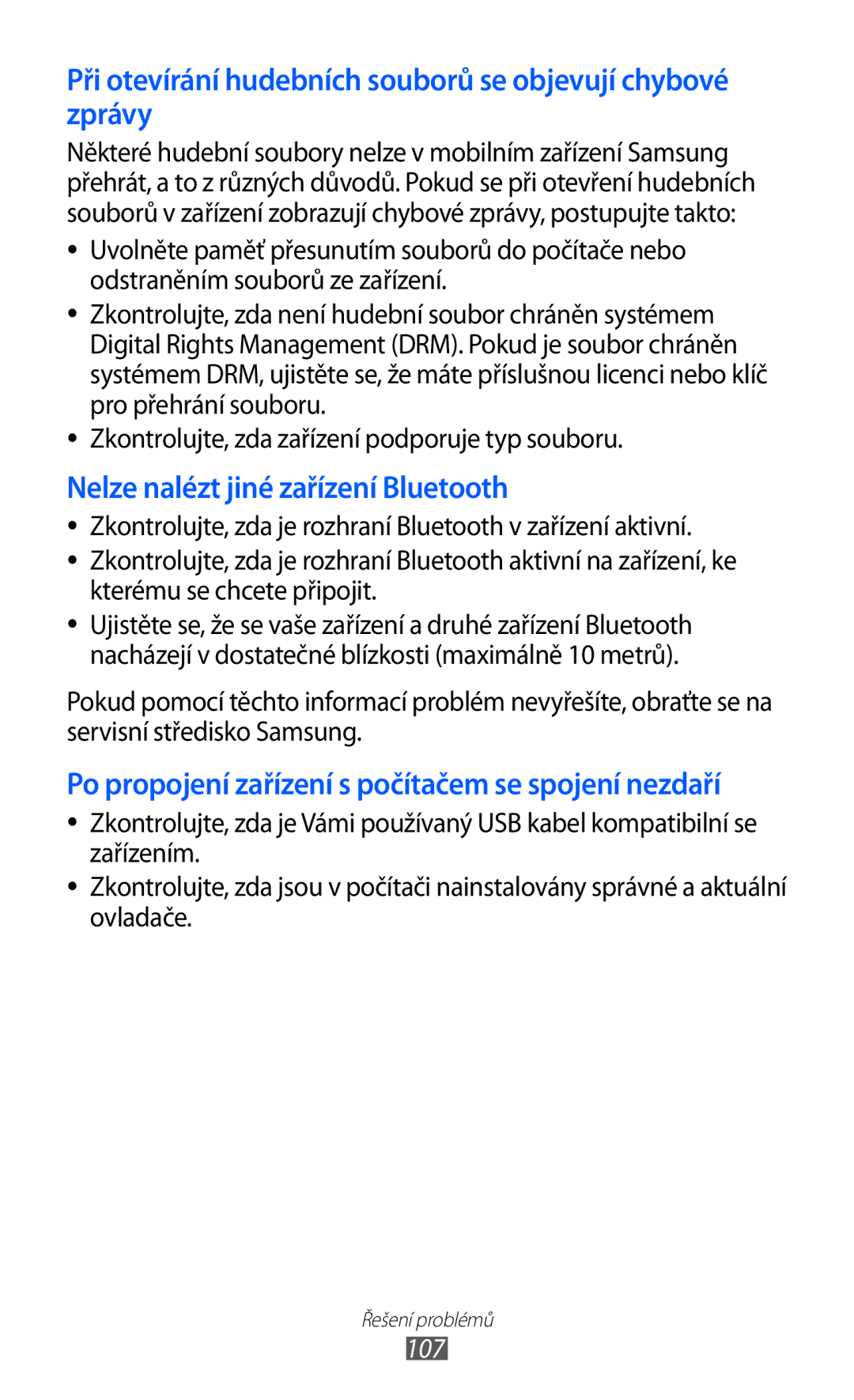 Samsung YP-G1EW/XEZ, YP-G1CW/XEZ manual Při otevírání hudebních souborů se objevují chybové zprávy 