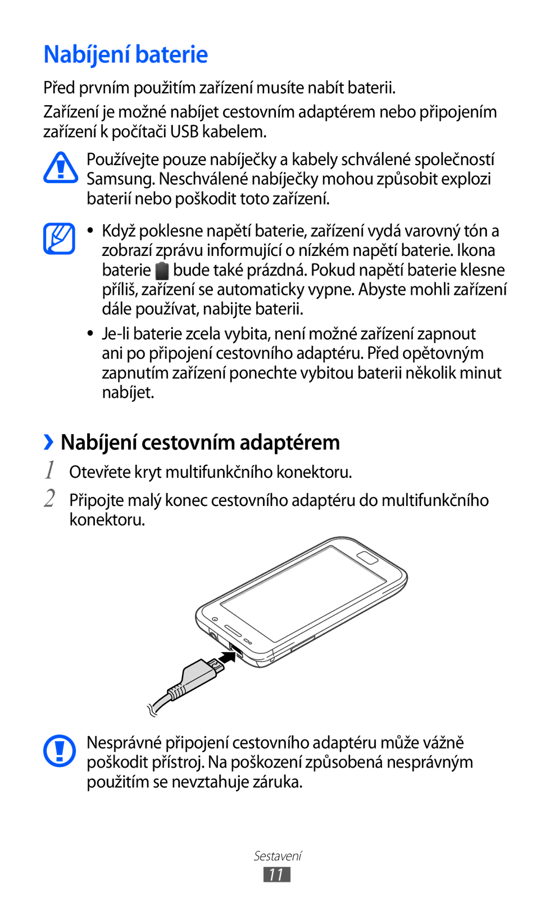 Samsung YP-G1EW/XEZ, YP-G1CW/XEZ manual Nabíjení baterie, ››Nabíjení cestovním adaptérem 