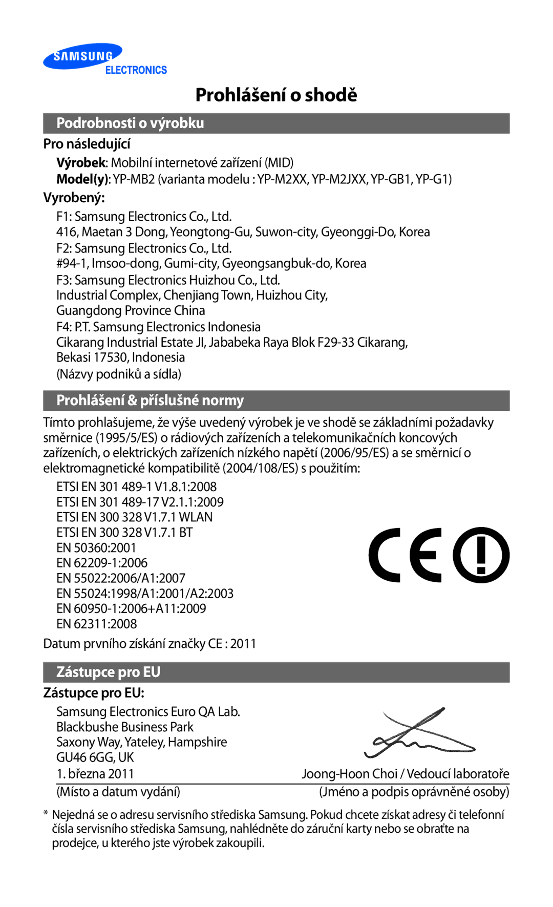 Samsung YP-G1EW/XEZ, YP-G1CW/XEZ manual Prohlášení o shodě 