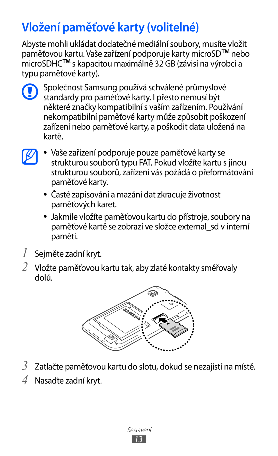 Samsung YP-G1EW/XEZ, YP-G1CW/XEZ manual Vložení paměťové karty volitelné 