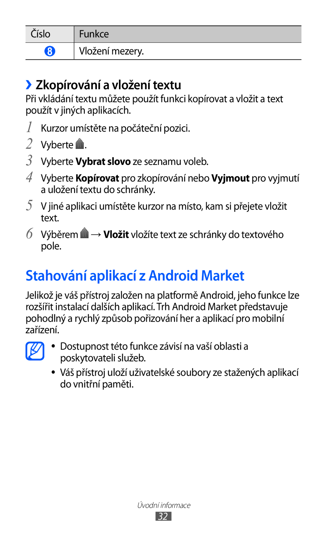 Samsung YP-G1CW/XEZ manual Stahování aplikací z Android Market, ››Zkopírování a vložení textu, Číslo Funkce Vložení mezery 