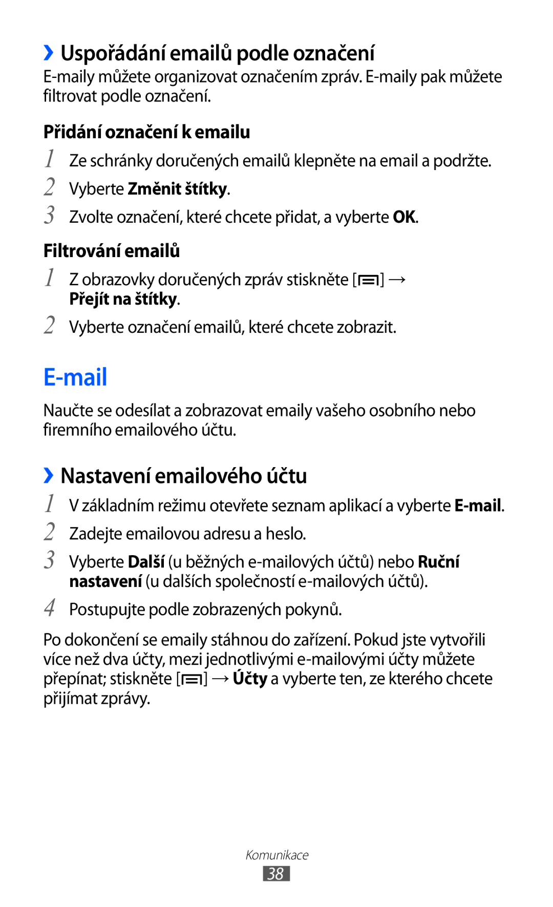 Samsung YP-G1CW/XEZ manual Mail, ››Uspořádání emailů podle označení, ››Nastavení emailového účtu, Vyberte Změnit štítky 