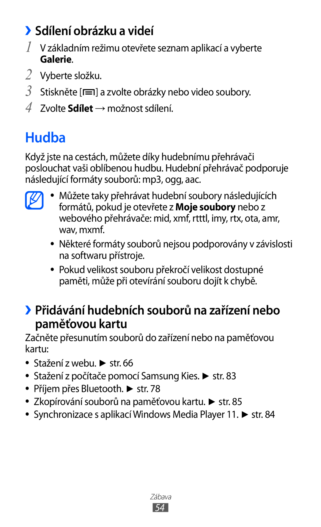 Samsung YP-G1CW/XEZ, YP-G1EW/XEZ manual Hudba, ››Sdílení obrázku a videí 