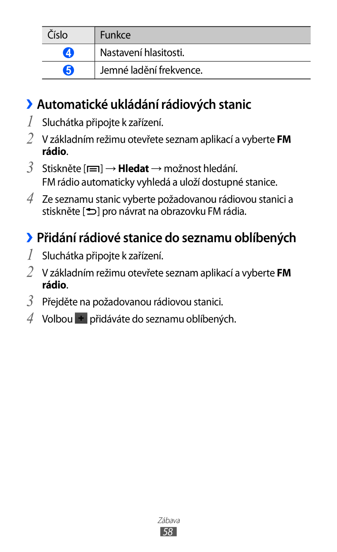 Samsung YP-G1CW/XEZ ››Automatické ukládání rádiových stanic, Číslo Funkce Nastavení hlasitosti Jemné ladění frekvence 