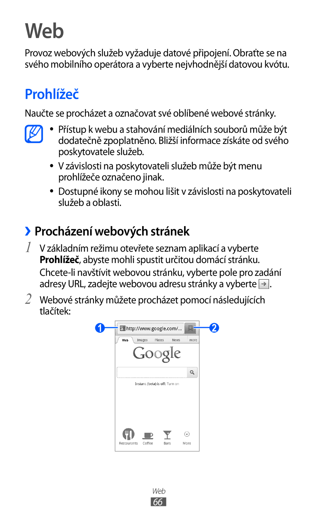 Samsung YP-G1CW/XEZ, YP-G1EW/XEZ manual Web, Prohlížeč, ››Procházení webových stránek 