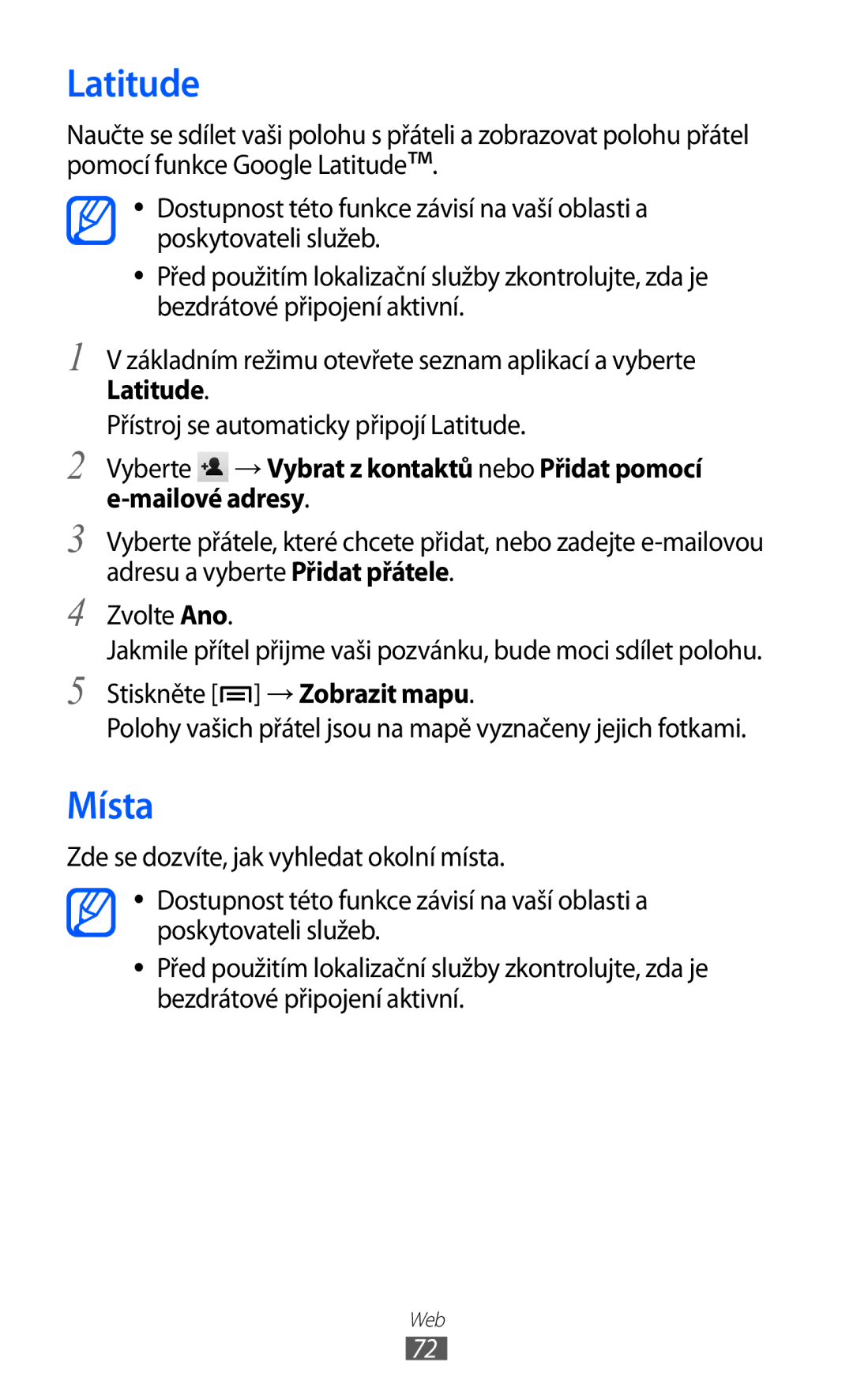 Samsung YP-G1CW/XEZ, YP-G1EW/XEZ manual Latitude, Místa 