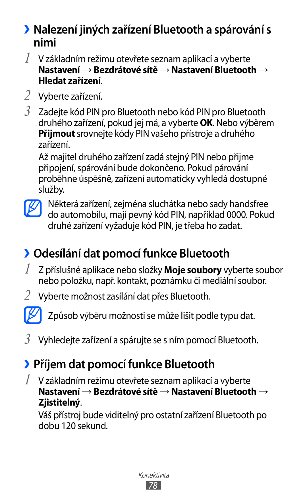 Samsung YP-G1CW/XEZ manual ››Nalezení jiných zařízení Bluetooth a spárování s nimi, ››Odesílání dat pomocí funkce Bluetooth 