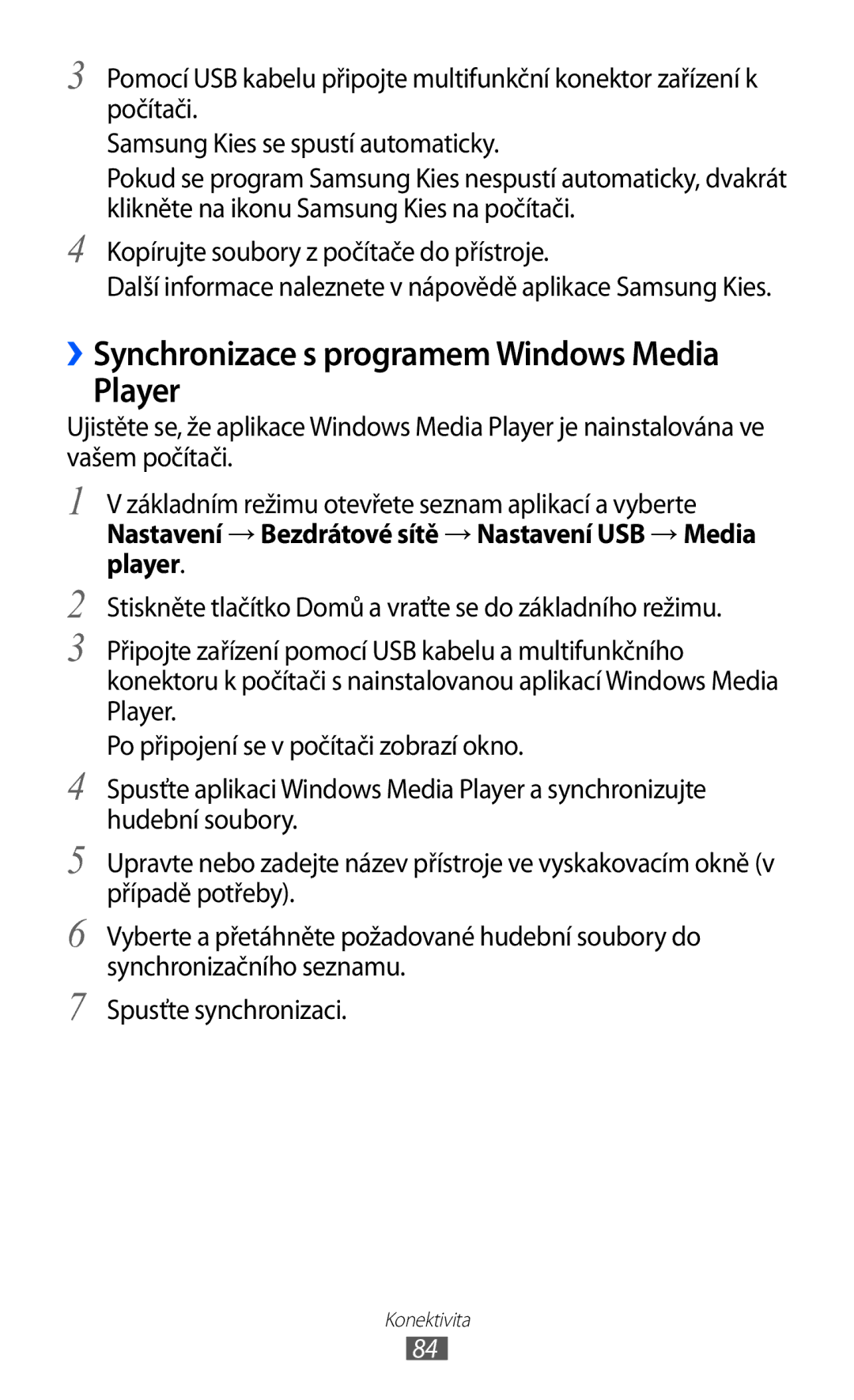 Samsung YP-G1CW/XEZ, YP-G1EW/XEZ manual Player, Nastavení → Bezdrátové sítě → Nastavení USB → Media player 