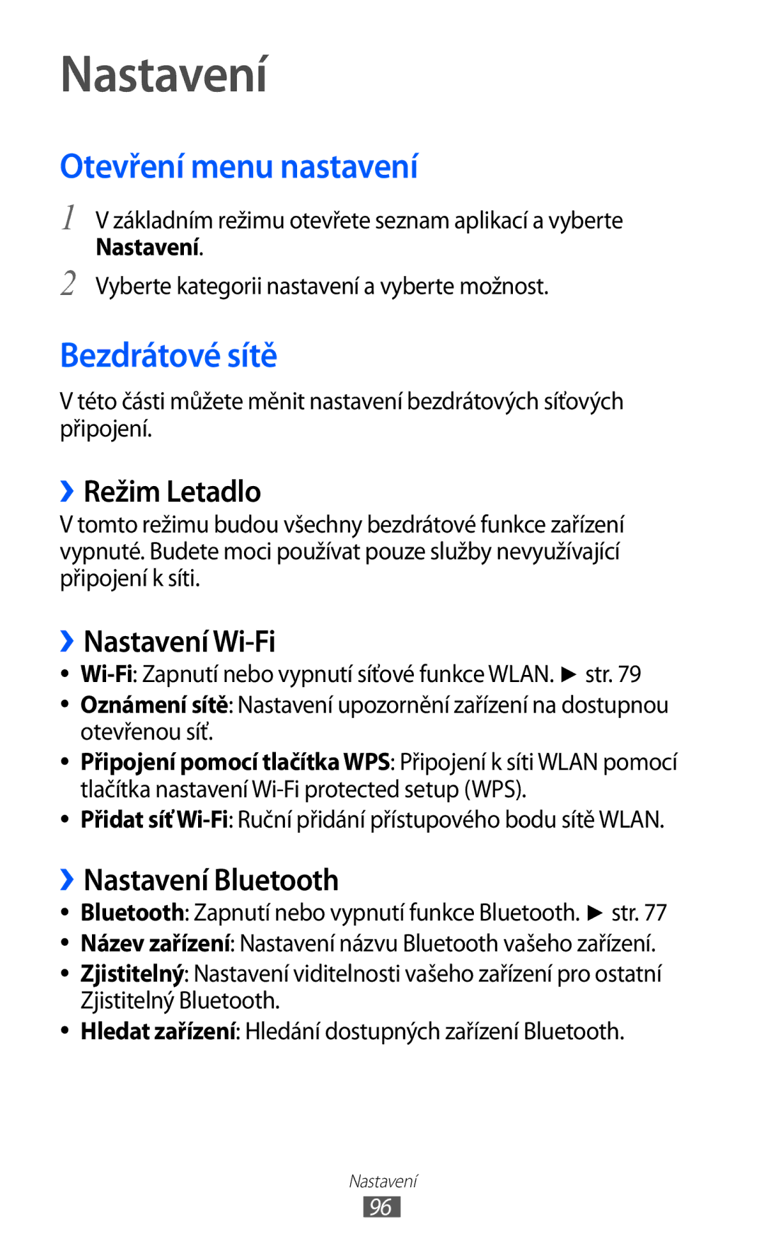 Samsung YP-G1CW/XEZ, YP-G1EW/XEZ manual Nastavení, Otevření menu nastavení, Bezdrátové sítě 