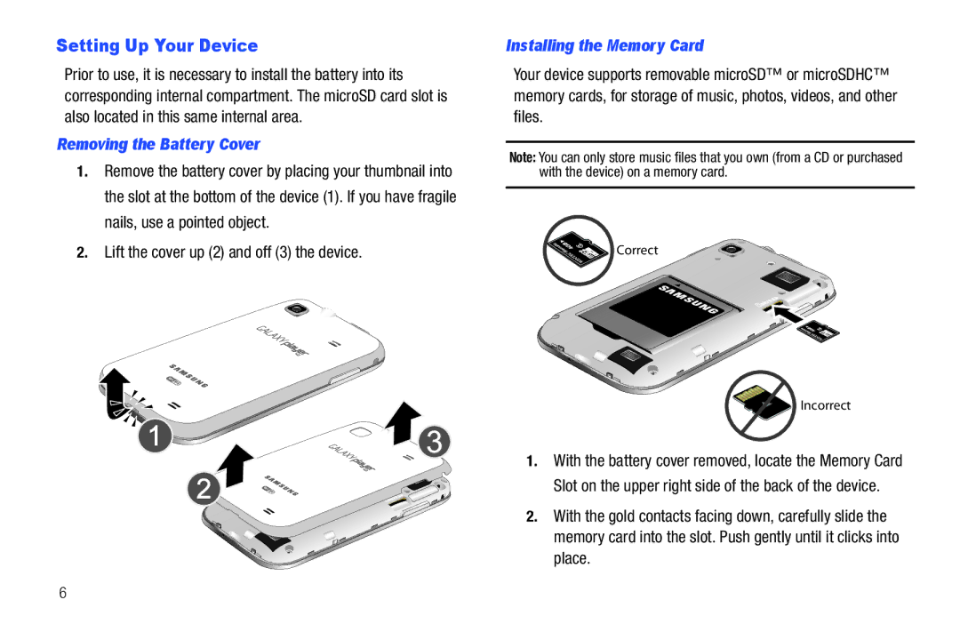 Samsung YP-G1CWY user manual Setting Up Your Device, Removing the Battery Cover, Lift the cover up 2 and off 3 the device 