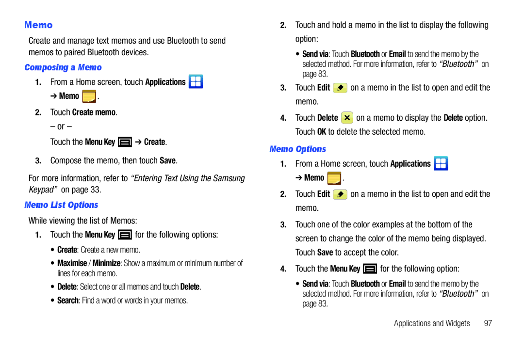 Samsung YP-G1CWY user manual Composing a Memo, Memo List Options, Memo Options 