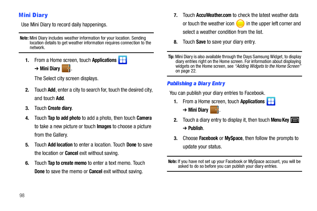 Samsung YP-G1CWY user manual Mini Diary, Touch Create diary, Publishing a Diary Entry 