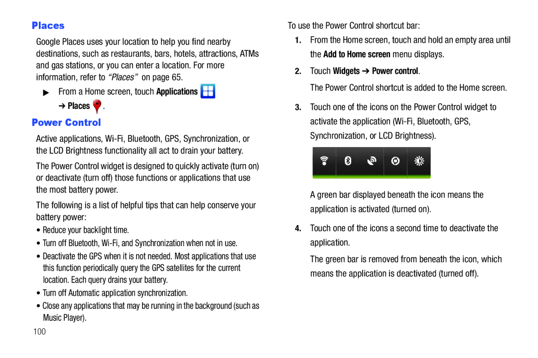 Samsung YP-G1CWY user manual To use the Power Control shortcut bar, Touch Widgets Power control, 100 