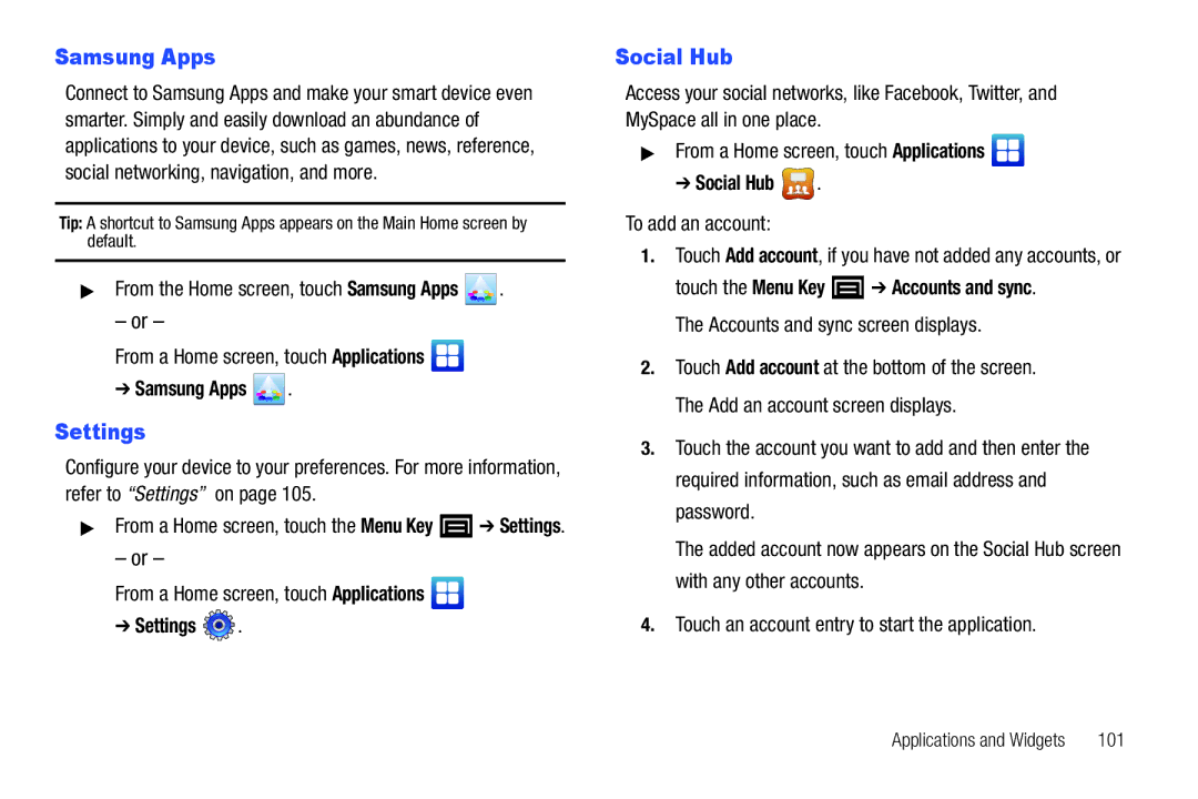 Samsung YP-G1CWY user manual Samsung Apps, Settings, Social Hub 