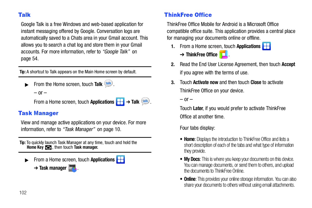 Samsung YP-G1CWY user manual Talk, ThinkFree Office, 102 