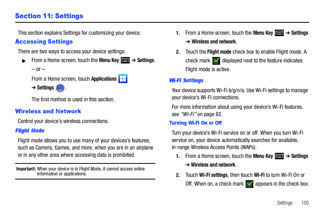 Samsung YP-G1CWY user manual Accessing Settings, Wireless and Network, Flight Mode, Wi-Fi Settings 