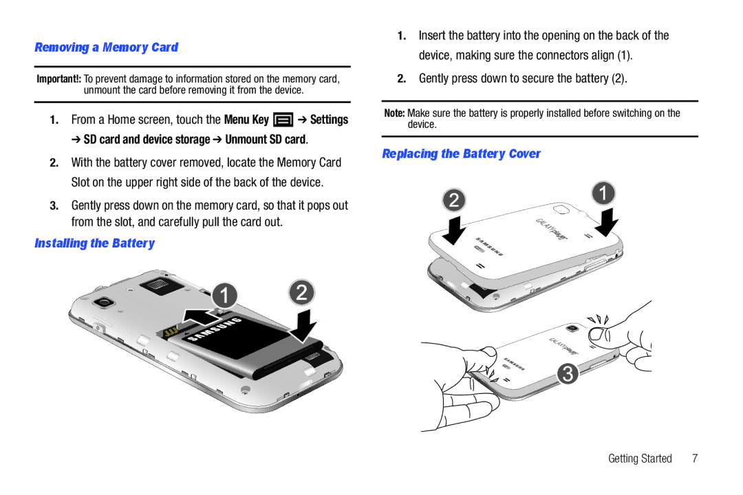 Samsung YP-G1CWY user manual Removing a Memory Card, Installing the Battery, Gently press down to secure the battery 