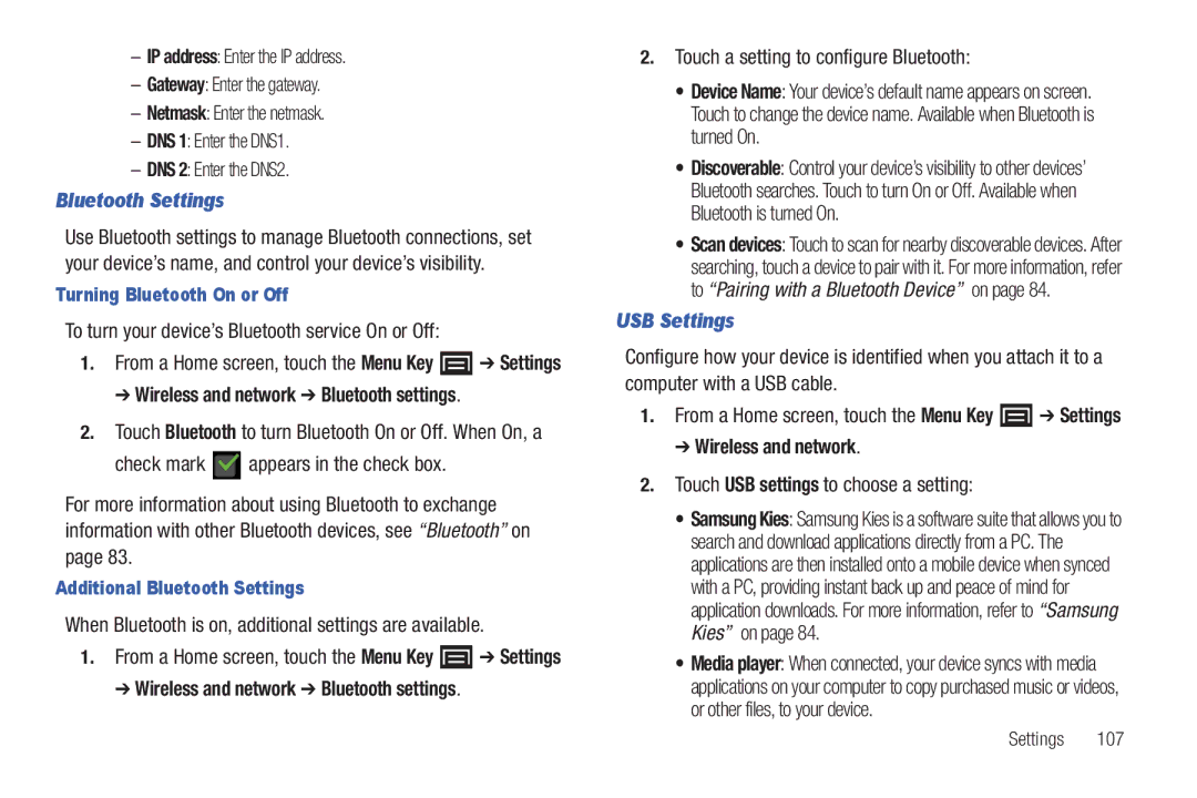 Samsung YP-G1CWY user manual Bluetooth Settings, USB Settings 