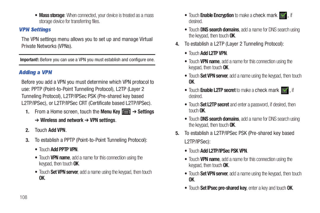 Samsung YP-G1CWY user manual VPN Settings, Adding a VPN 