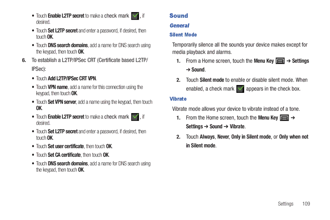 Samsung YP-G1CWY user manual Sound, Touch Add L2TP/IPSec CRT VPN, Touch Set user certificate, then touch OK, General 