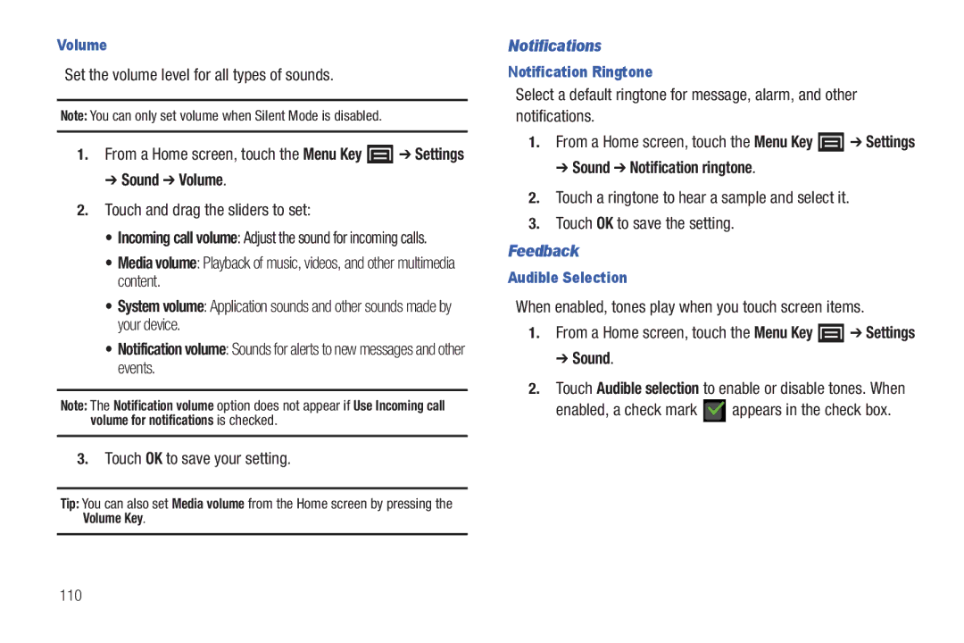 Samsung YP-G1CWY user manual Sound Volume, Notifications, Sound Notification ringtone, Feedback 