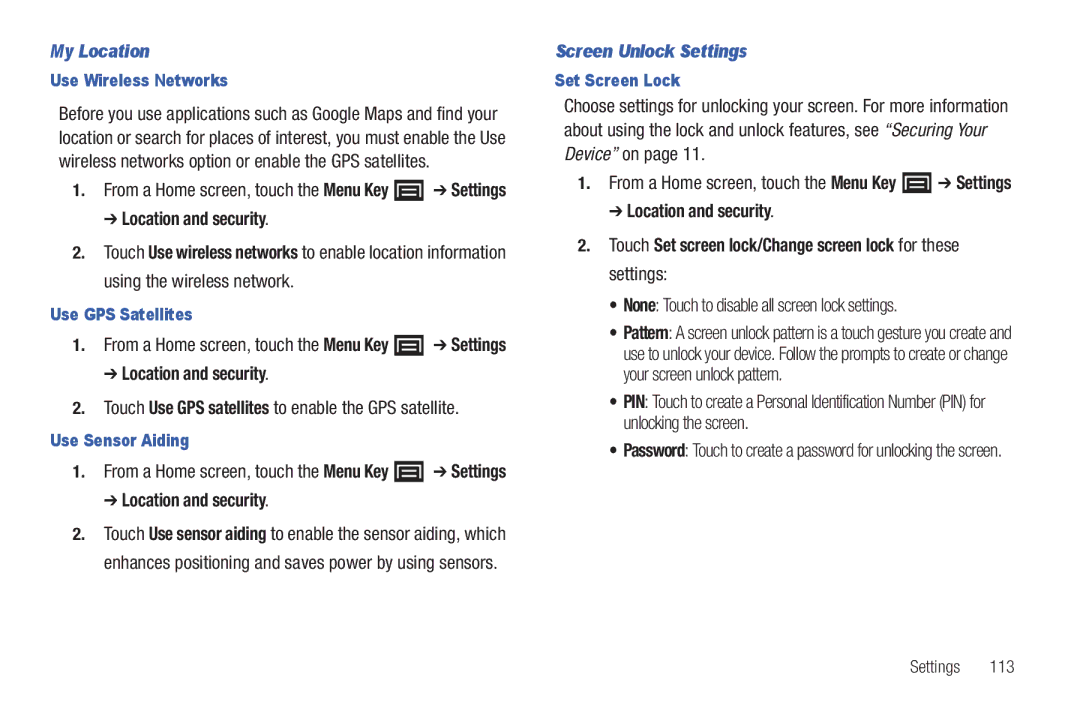 Samsung YP-G1CWY user manual My Location, Location and security, Screen Unlock Settings 