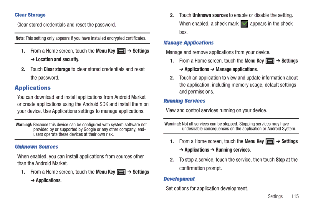 Samsung YP-G1CWY user manual Unknown Sources, Manage Applications, Running Services, Development 