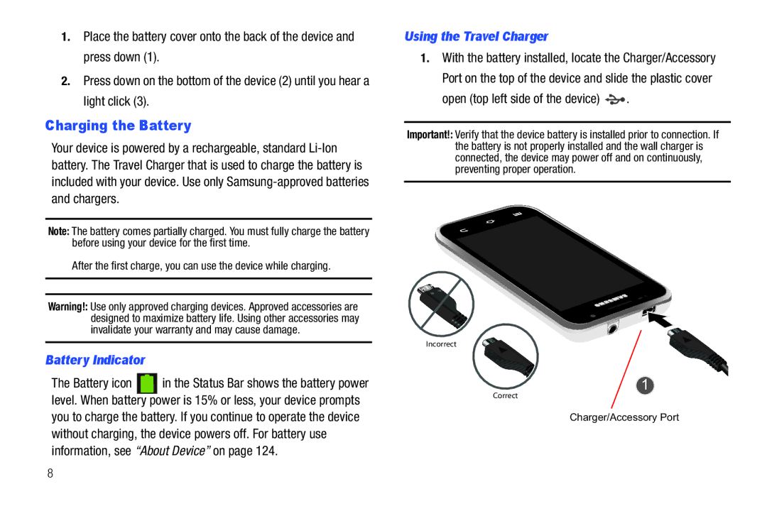 Samsung YP-G1CWY Charging the Battery, Battery Indicator, Using the Travel Charger, Open top left side of the device 