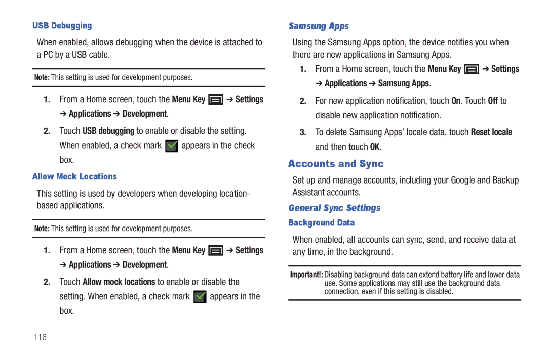 Samsung YP-G1CWY Accounts and Sync, Applications Development, Applications Samsung Apps, General Sync Settings 