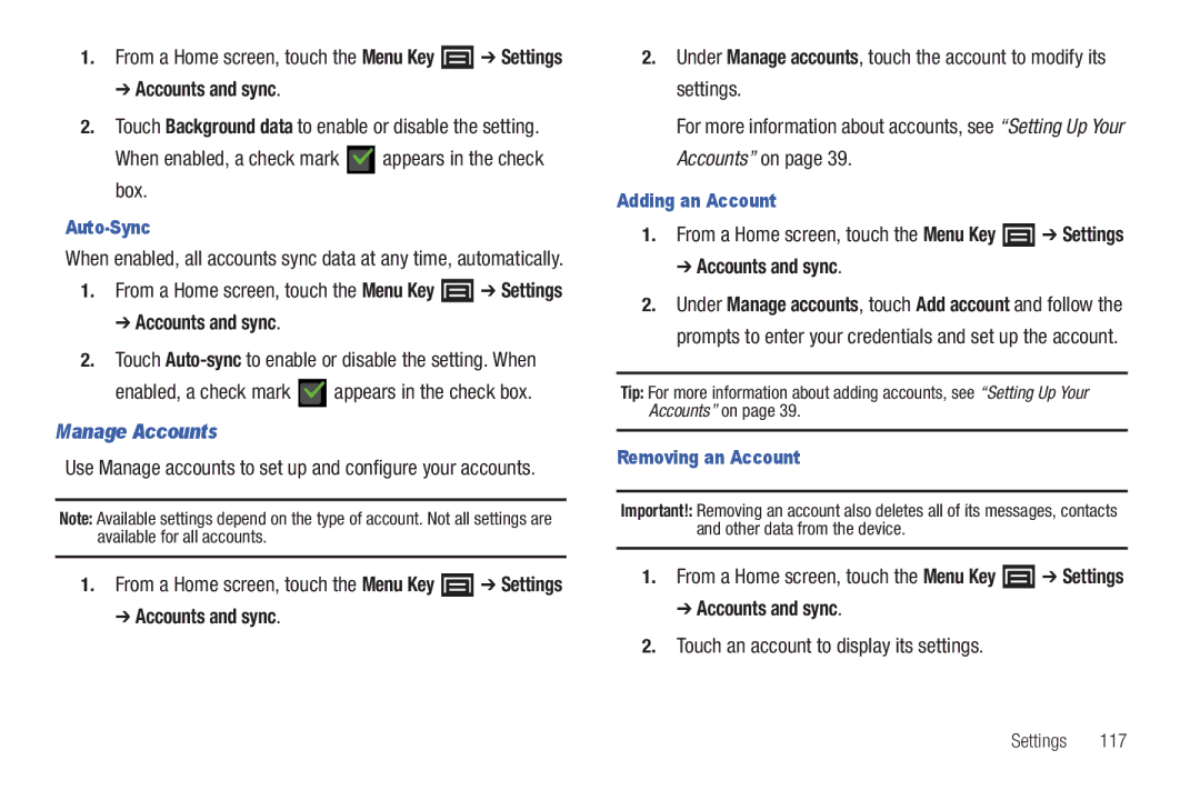 Samsung YP-G1CWY user manual Manage Accounts, Touch an account to display its settings, Auto-Sync, Adding an Account 