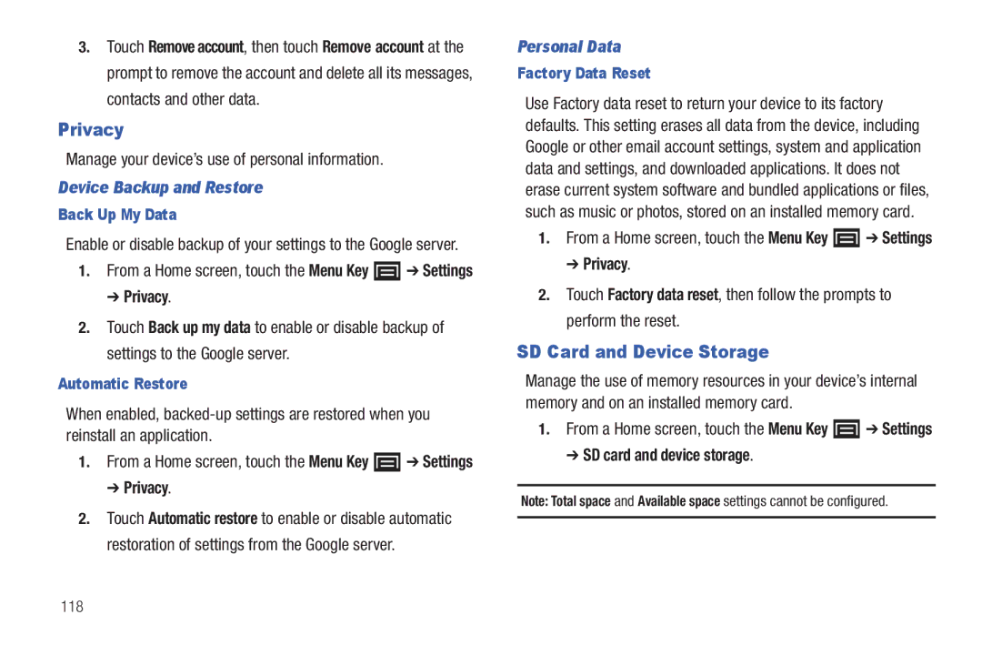 Samsung YP-G1CWY user manual Privacy, SD Card and Device Storage, Device Backup and Restore, Personal Data 