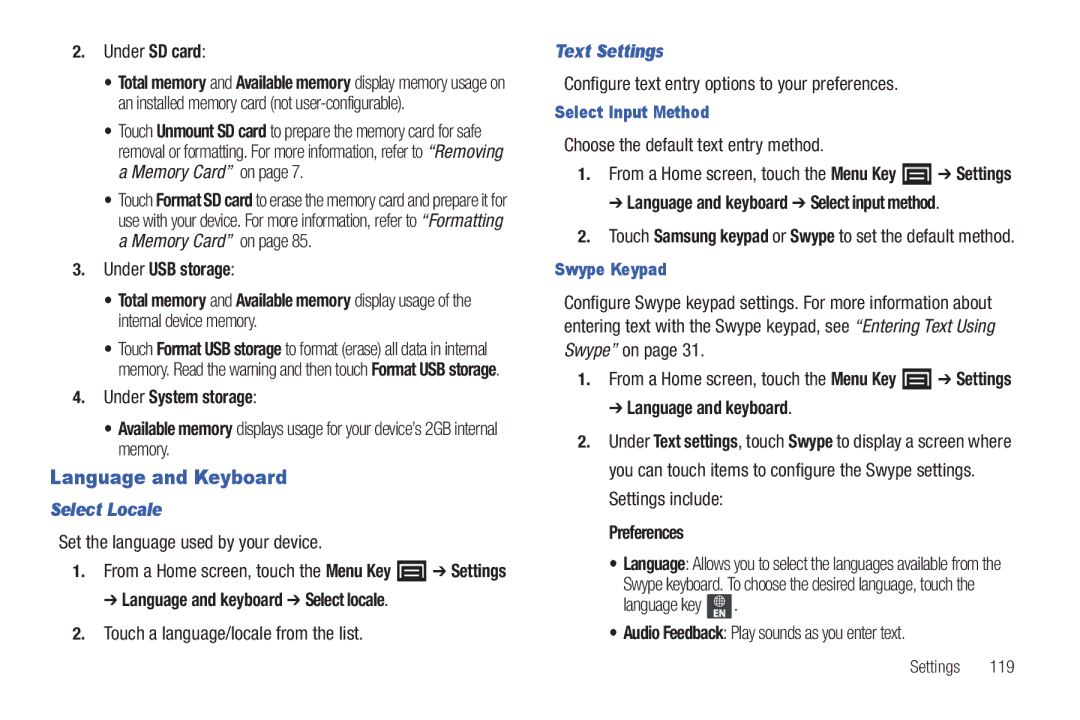 Samsung YP-G1CWY user manual Language and Keyboard, Select Locale, Text Settings 