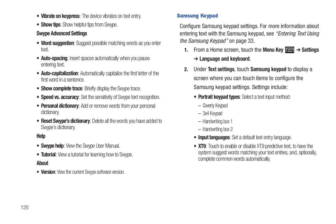 Samsung YP-G1CWY user manual Show tips Show helpful tips from Swype, Swype Advanced Settings, Samsung Keypad 