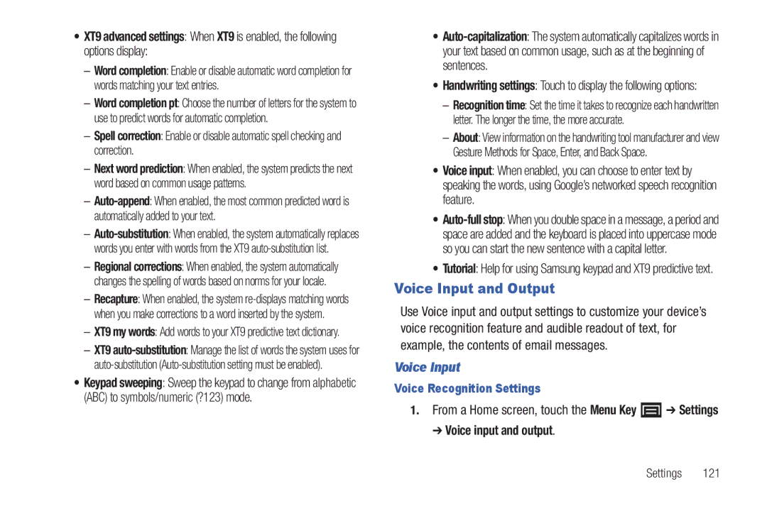 Samsung YP-G1CWY user manual Voice Input and Output, Voice input and output, Voice Recognition Settings 