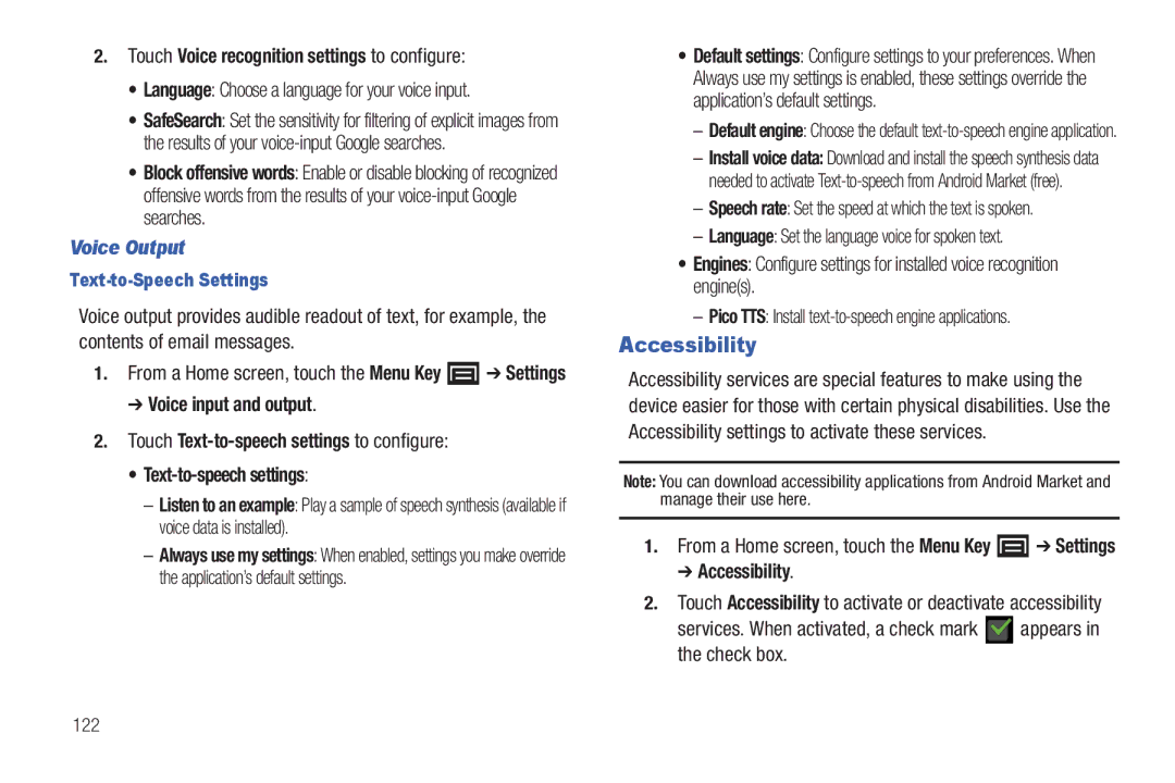 Samsung YP-G1CWY Accessibility, Touch Voice recognition settings to configure, Voice Output, Text-to-Speech Settings 