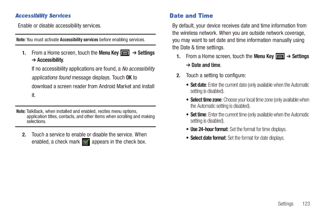 Samsung YP-G1CWY user manual Date and Time, Accessibility Services, Date and time 