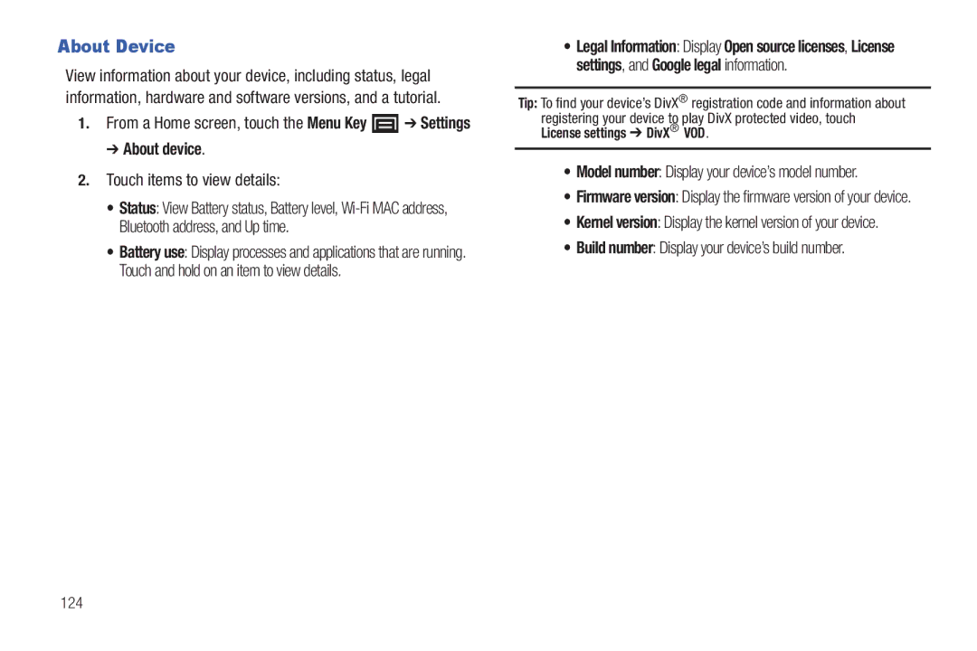 Samsung YP-G1CWY About Device, About device, Touch items to view details, Model number Display your device’s model number 