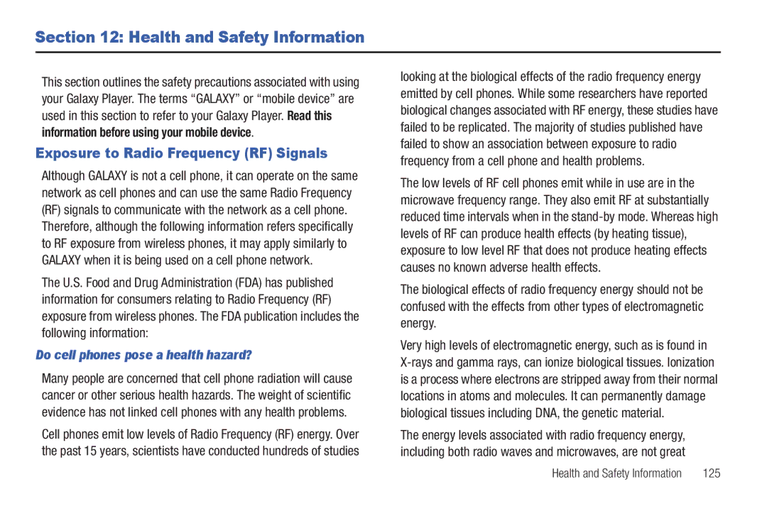 Samsung YP-G1CWY user manual Health and Safety Information, Exposure to Radio Frequency RF Signals 