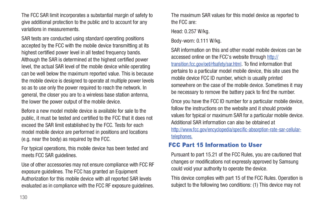 Samsung YP-G1CWY user manual FCC Part 15 Information to User, 130 