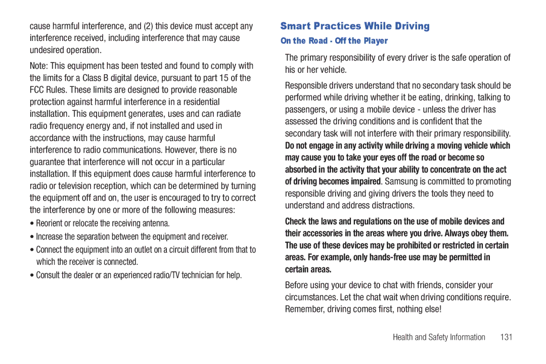 Samsung YP-G1CWY user manual Smart Practices While Driving, On the Road Off the Player 