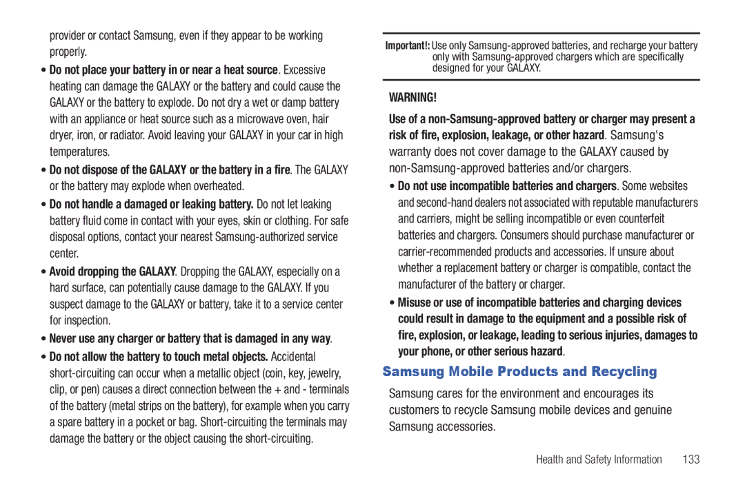 Samsung YP-G1CWY user manual Samsung Mobile Products and Recycling, 133 