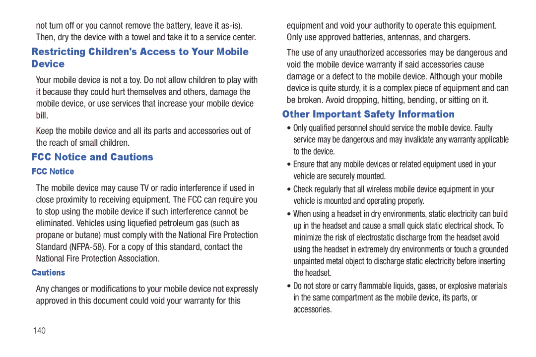 Samsung YP-G1CWY user manual Restricting Childrens Access to Your Mobile Device, FCC Notice and Cautions 