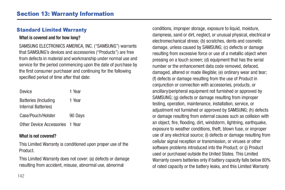 Samsung YP-G1CWY Warranty Information, Standard Limited Warranty, What is covered and for how long?, What is not covered? 