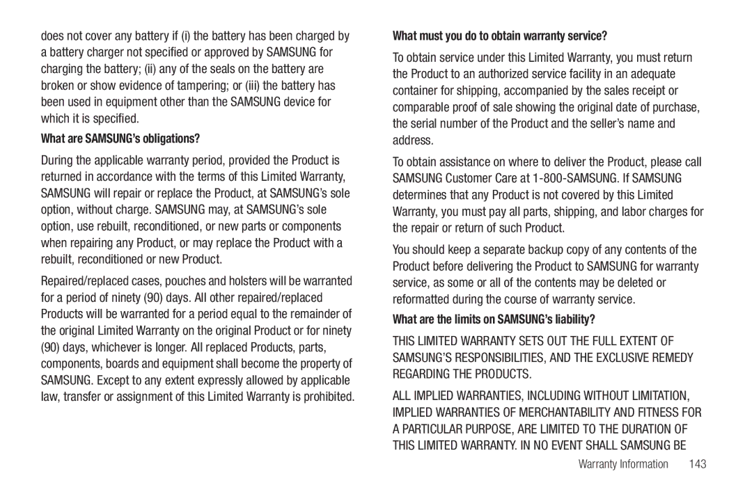 Samsung YP-G1CWY user manual What are SAMSUNG’s obligations?, What must you do to obtain warranty service?, 143 