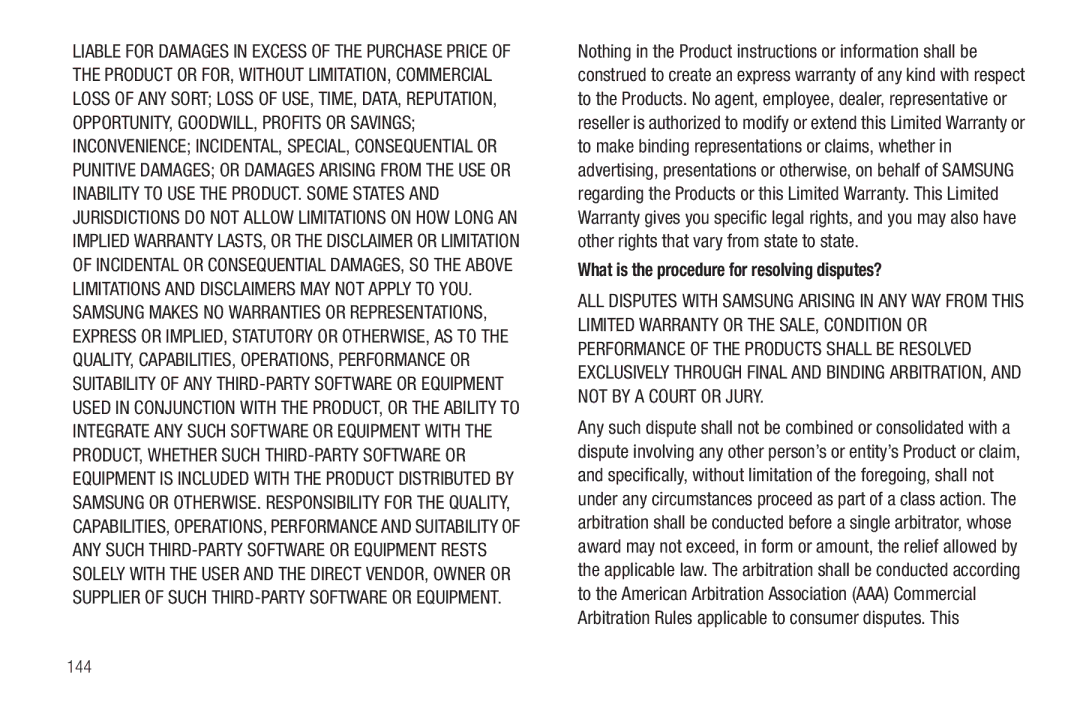 Samsung YP-G1CWY user manual What is the procedure for resolving disputes?, 144 