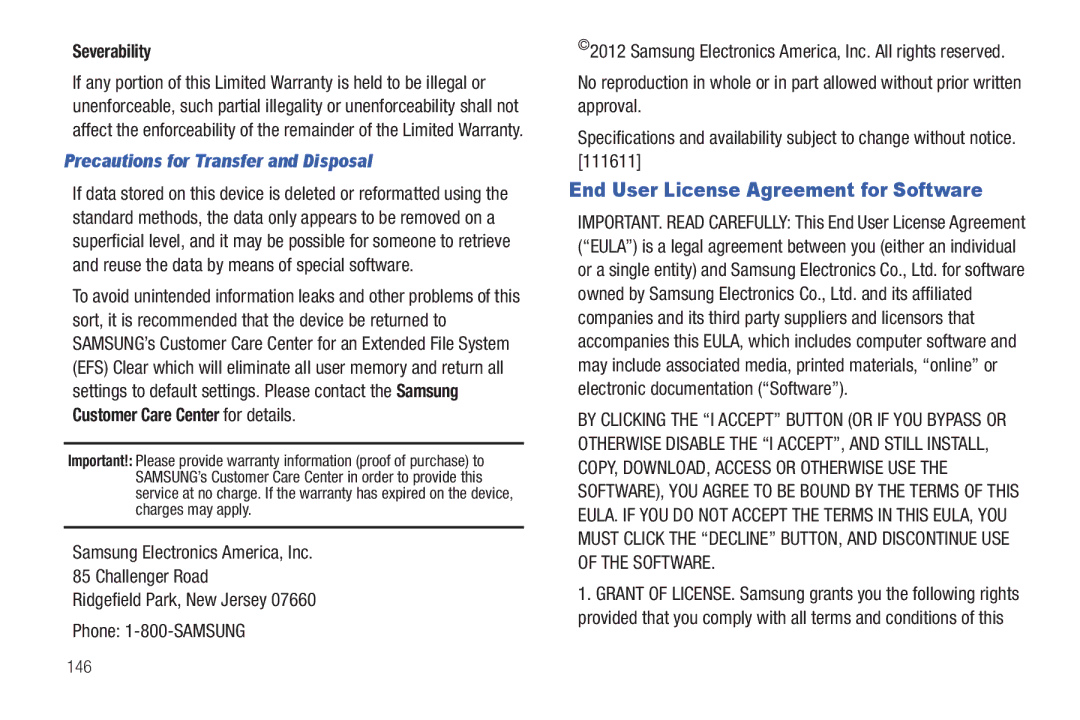 Samsung YP-G1CWY End User License Agreement for Software, Severability, Precautions for Transfer and Disposal, 146 