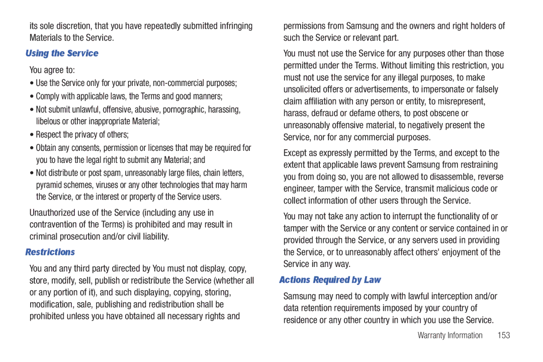 Samsung YP-G1CWY Using the Service, You agree to, Respect the privacy of others, Restrictions, Actions Required by Law 